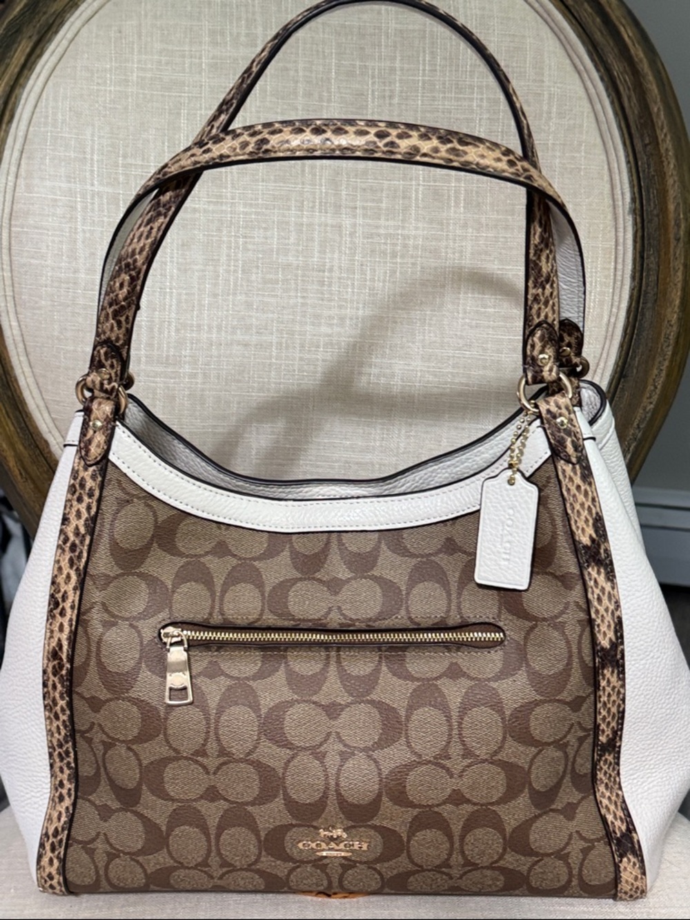 Coach Kristy Signature Canvas Shoulder Bag with White Panels & Snakeskin Trim